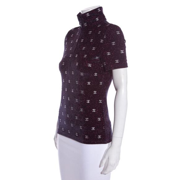Chanel 20N Navy Blue Fuchsia Pink Silver Sequin CC Logo Stretch Top T Shirt 38 - Picture 4 of 16